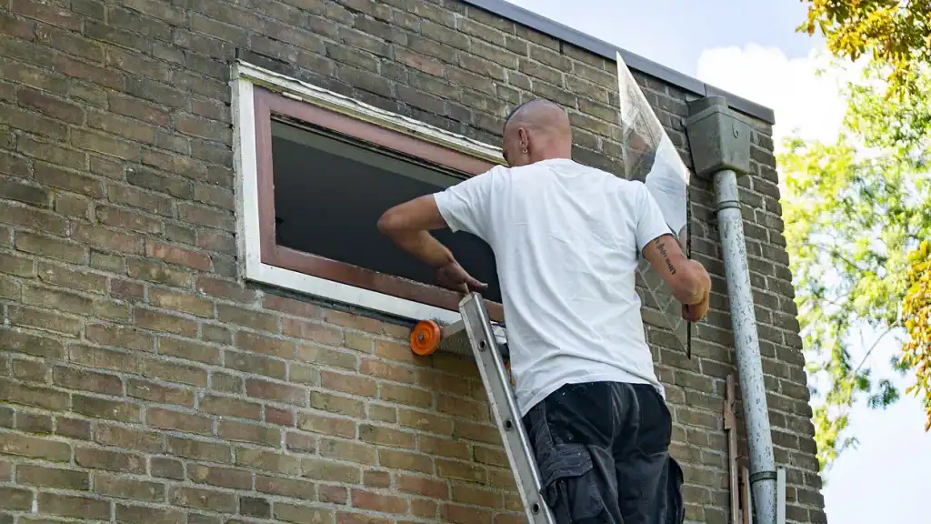 Glashandel onderhoud en glasservice aan een hoge raampassagezaam op een buitenmuur met ladder, professionele inzet voor glasreparatie en onderhoud in Friesland.